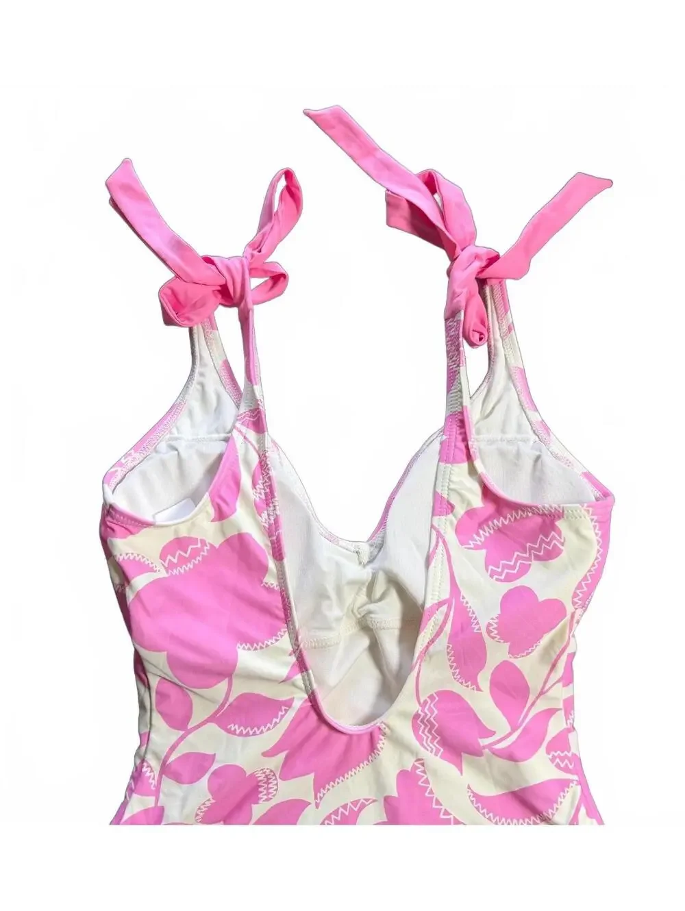 Kate Spade bow shoulder accent v front one piece swimsuit pink cream size S New